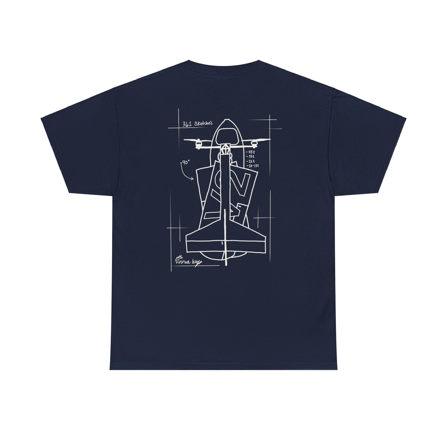 Eternal Progression shirt with blueprint sketch on back