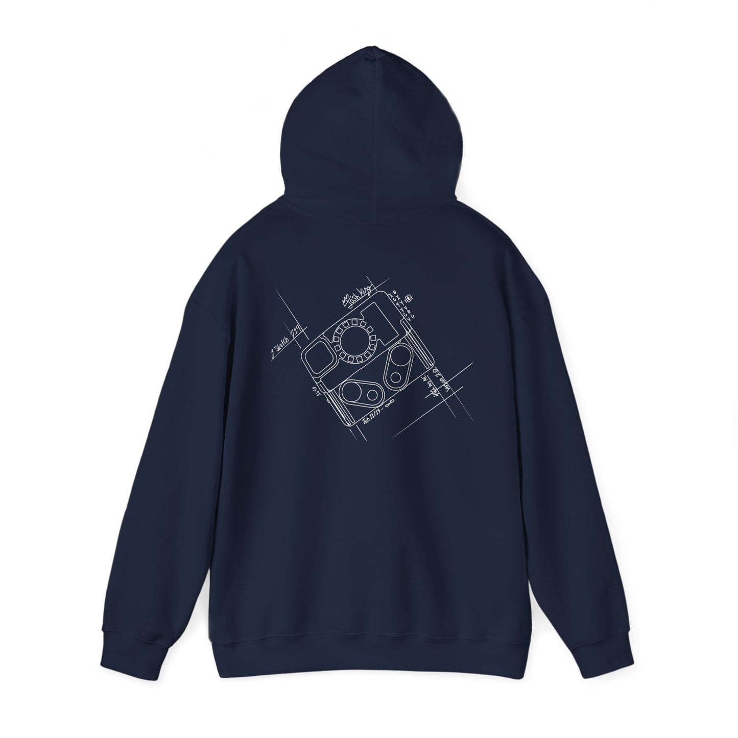 Navy M-Con hoodie with blueprint sketch on back