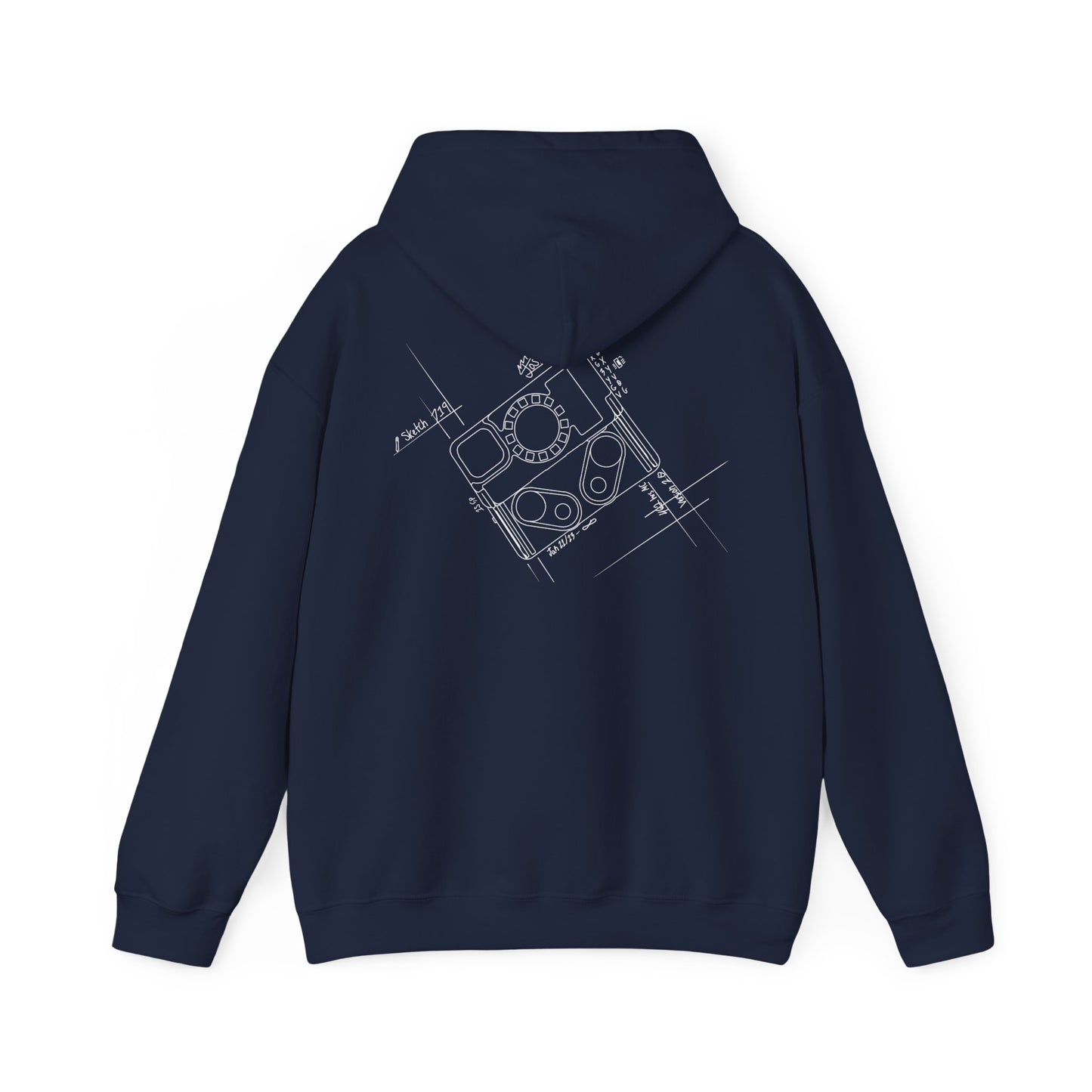 M-Con hoodie with blueprint sketch on back