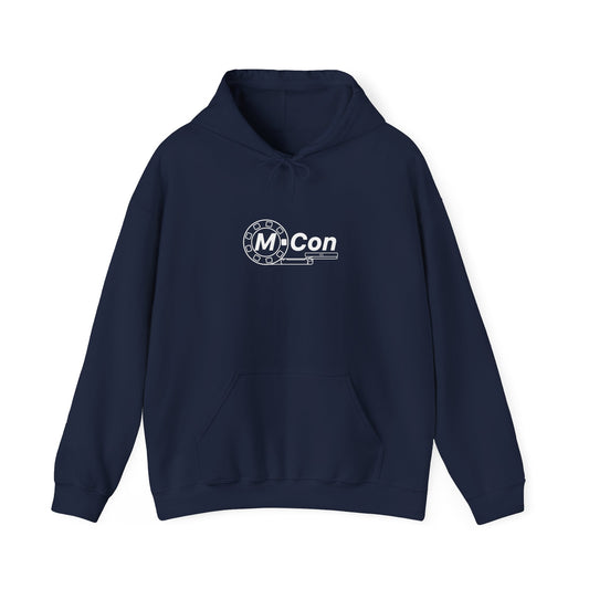 Navy M-Con hoodie with blueprint sketch on back