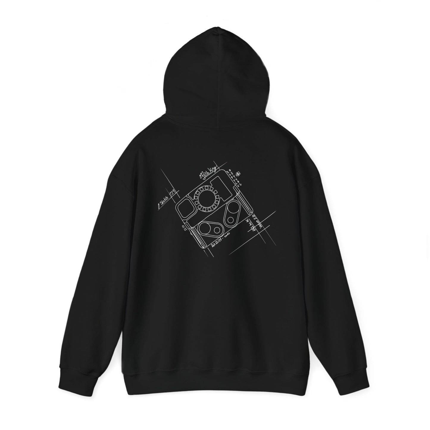 M-Con hoodie with blueprint sketch on back