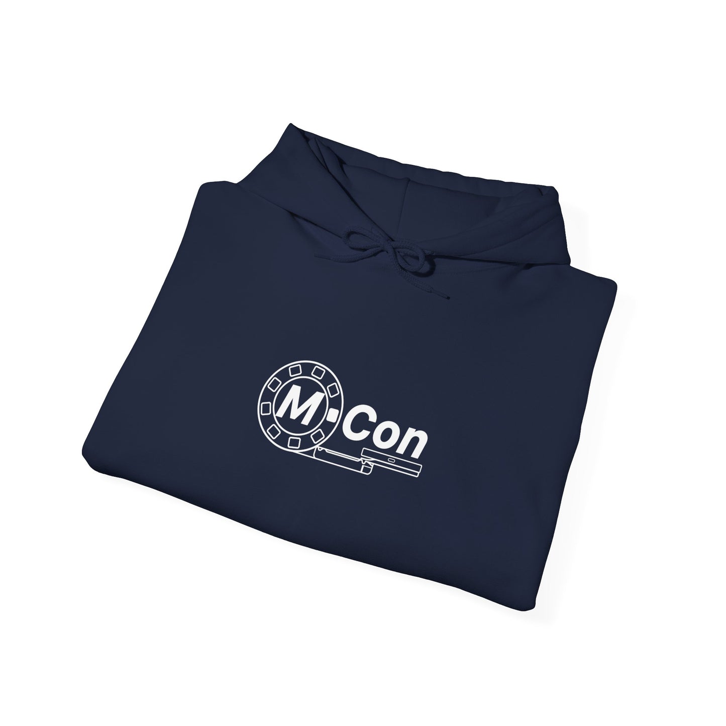 Navy M-Con hoodie with blueprint sketch on back